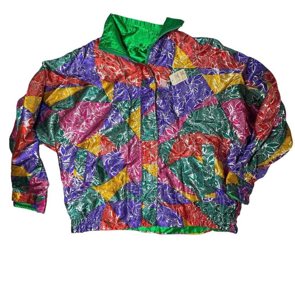 Vintage 80's Reversible Vibrant Multi-Color Patchwork Shiny Jacket